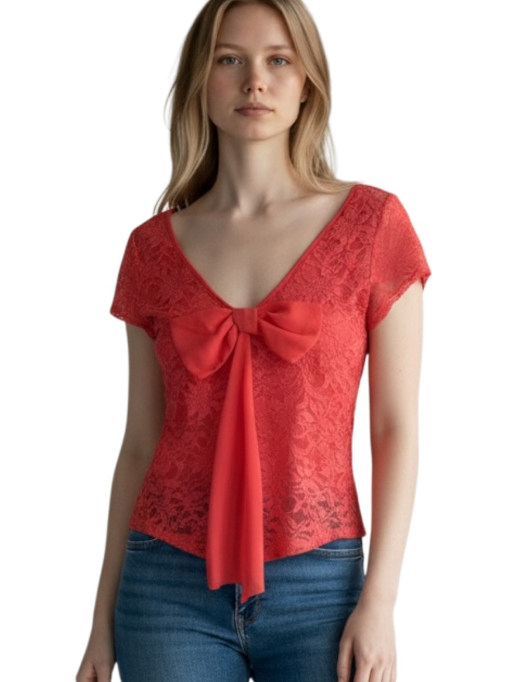 Source Unknown Red Lace Bow-Front V-Neck Blouse